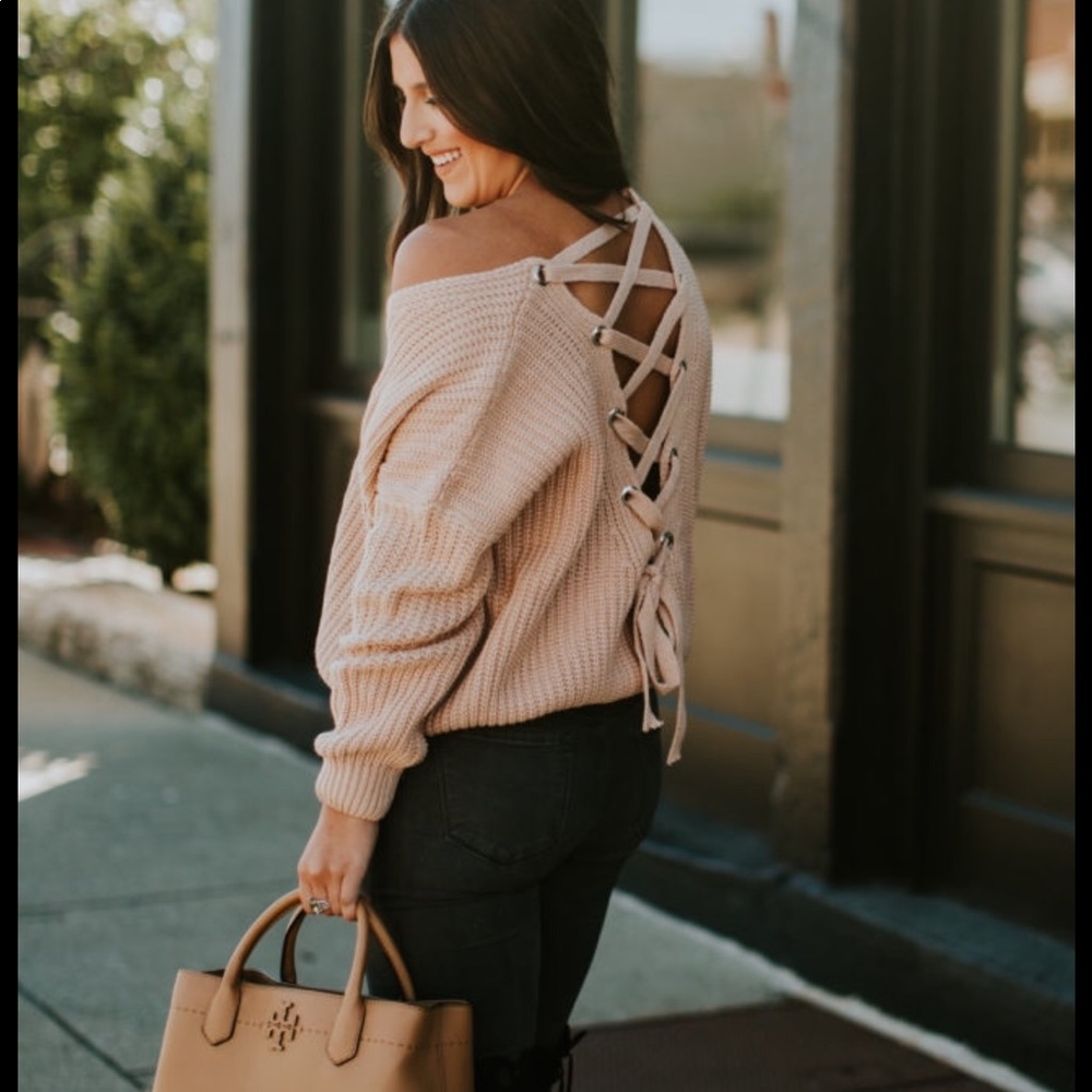 Tan off the shoulder sweater with lace up back